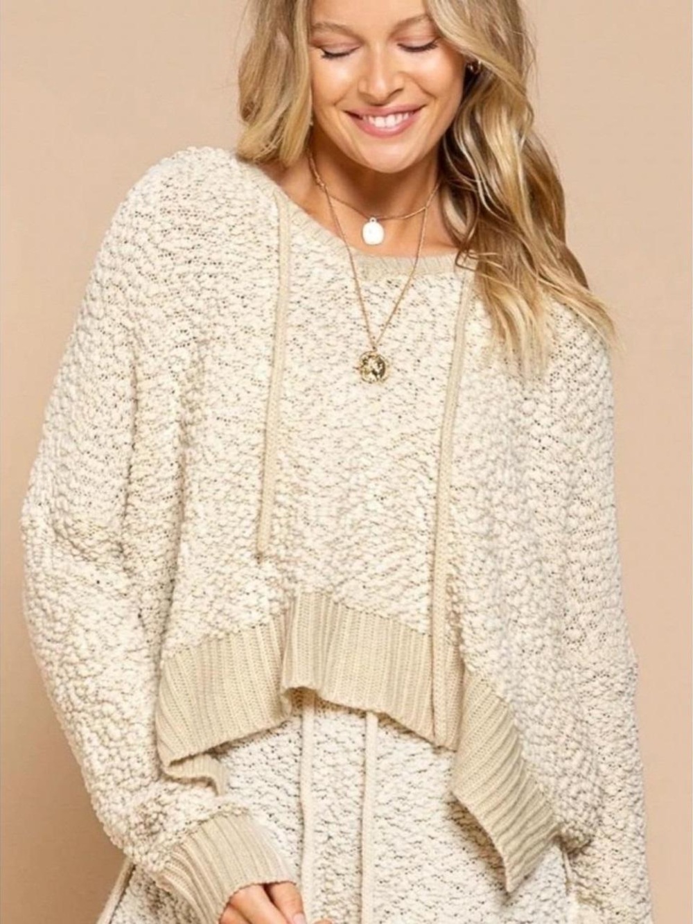 POL Cream Popcorn-Knit Scoop Neck Sweater